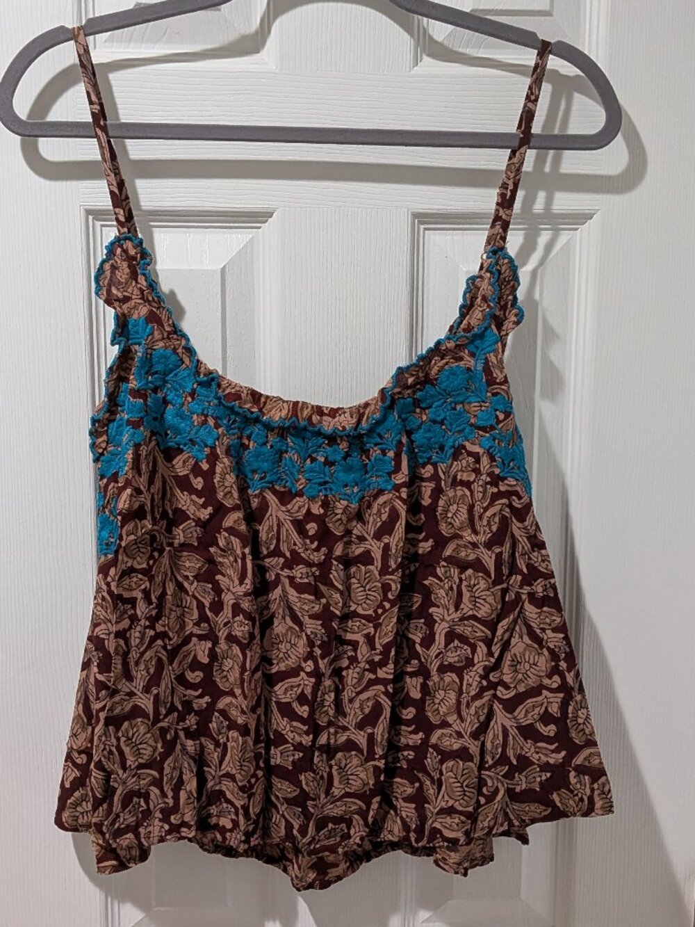 Natural Life Floral Tank Top with Turquoise Embroidered Trim